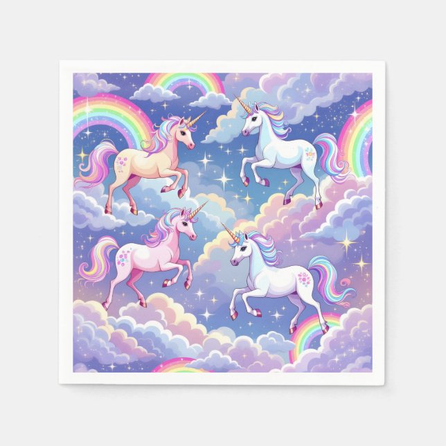 Serviette En Papier Sparkly rainbow and unicorns on clouds (Devant)