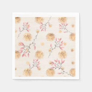 Serviette En Papier Springs floraux roses et pointes d'or sur blanc