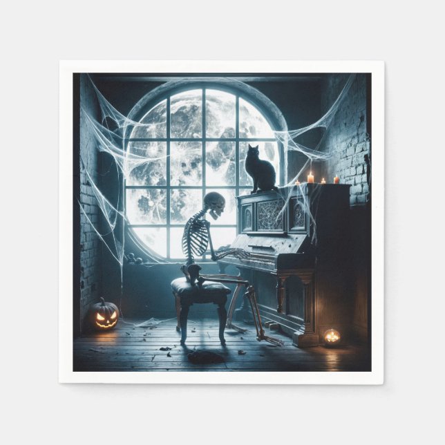 Serviette En Papier Squelette d'Halloween jouant du piano (Devant)