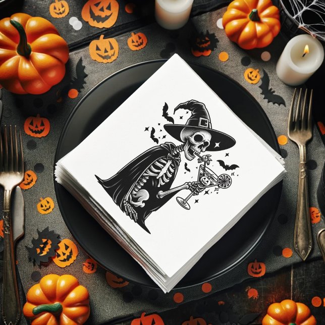 Serviette En Papier Squelette noir et blanc Halloween Cocktail Party (Black and White Skeleton Halloween Cocktail Party Napkins)