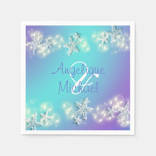 Serviette En Papier Starfish bulles bleu violet blanc couples noms (Devant)