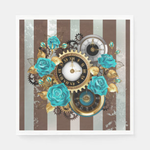 Serviette En Papier Steampunk Clock and Turquoise Roses on Striped