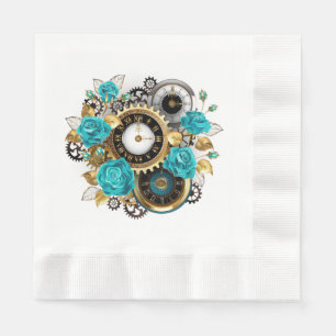 Serviette En Papier Steampunk Clock and Turquoise Roses on Striped