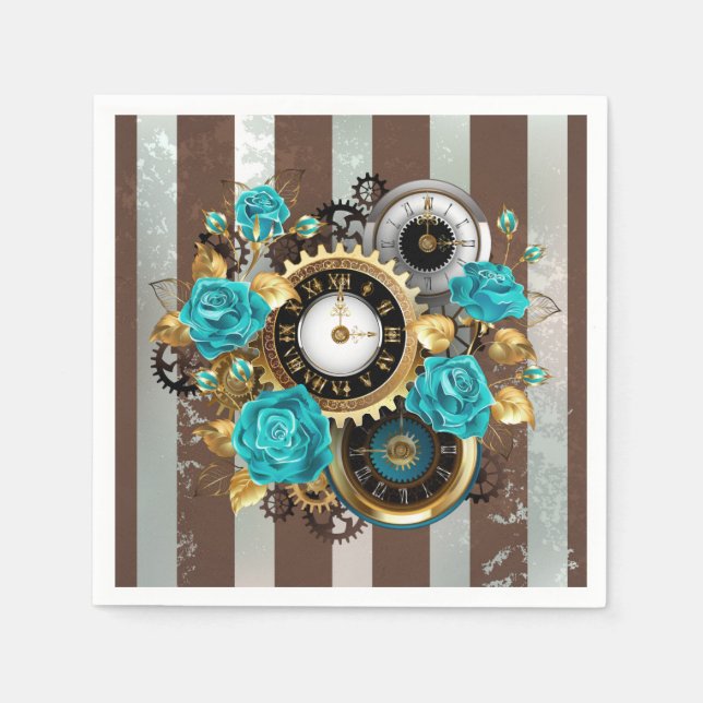 Serviette En Papier Steampunk Clock and Turquoise Roses on Striped (Devant)