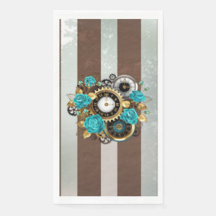 Serviette En Papier Steampunk Clock and Turquoise Roses on Striped