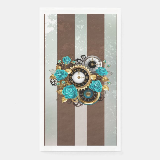 Serviette En Papier Steampunk Clock and Turquoise Roses on Striped (Devant)