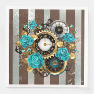Serviette En Papier Steampunk Clock and Turquoise Roses on Striped