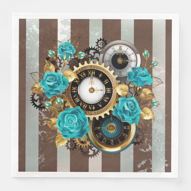 Serviette En Papier Steampunk Clock and Turquoise Roses on Striped (Devant)