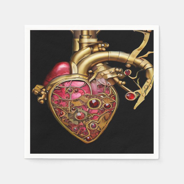 Serviette En Papier Steampunk Coeur Anatomique rubis et engrenages (Devant)
