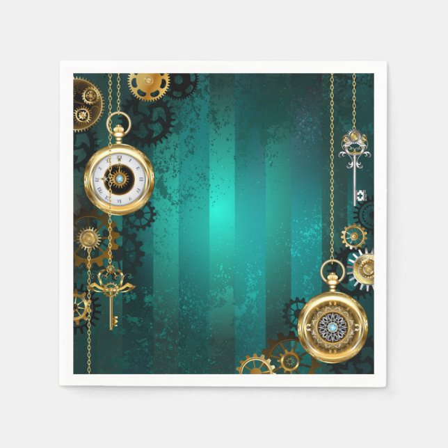 Serviette En Papier Steampunk Jewelry Watch on a Green Background (Devant)