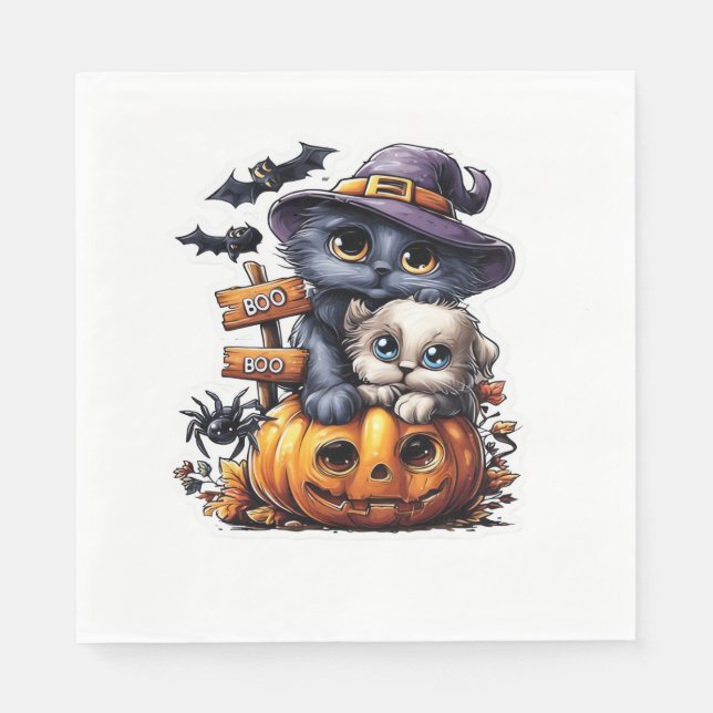 Serviette En Papier Sticker Chat Halloween mignonne - Casquette sorciè (Devant)