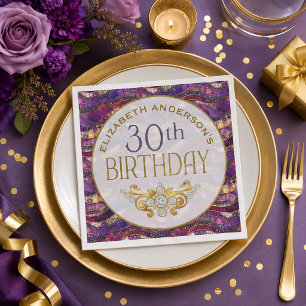 Serviette En Papier Strata 30e anniversaire violet et or orné de bijou