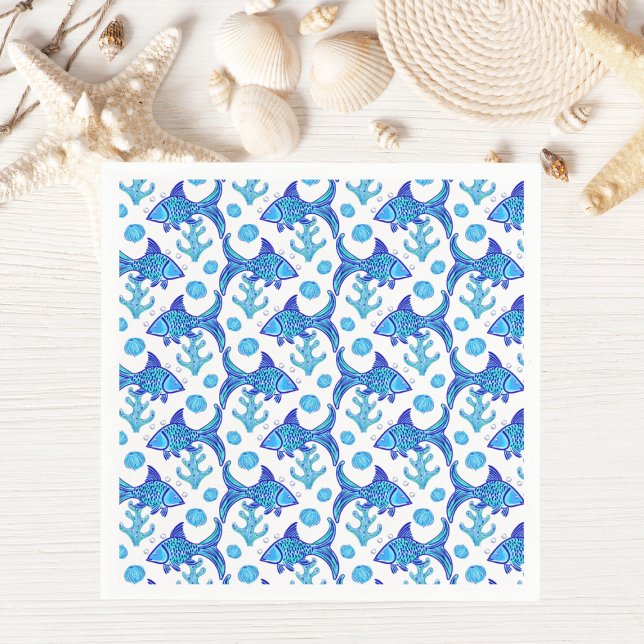 Serviette En Papier Style côtier Motif de poisson bleu Preppy (Créateur téléchargé)