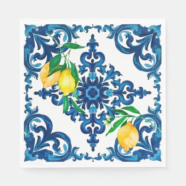 Serviette En Papier style italien, mosaïque, bleu, citron, (Devant)