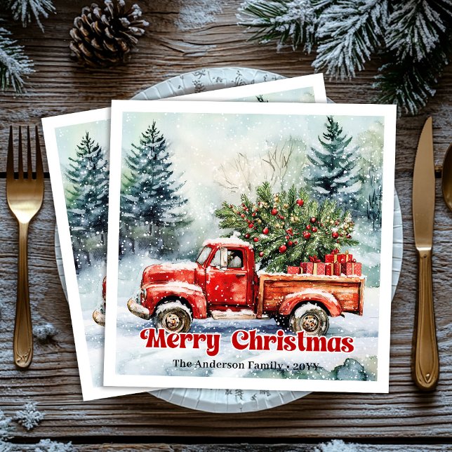 Serviette En Papier Stylish red truck winter scene rustic napkins set (Stylish red truck winter scene rustic napkins set)