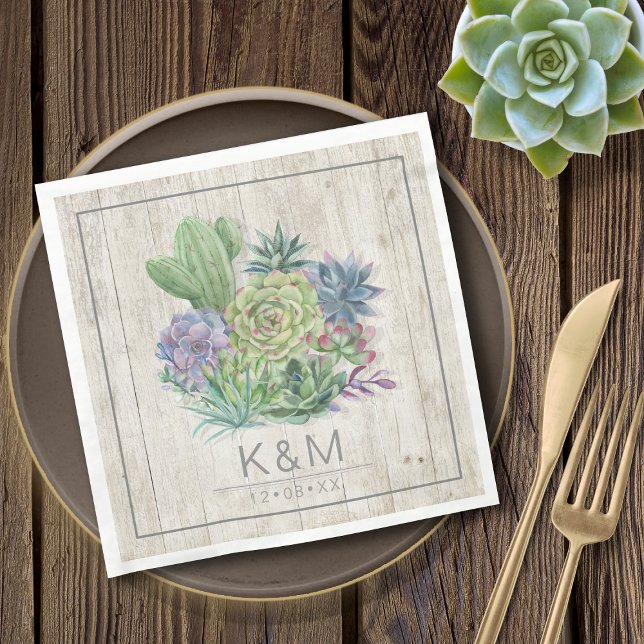 Serviette En Papier Succulents et Mariage de bois rustique V2 ID515 (Créateur téléchargé)