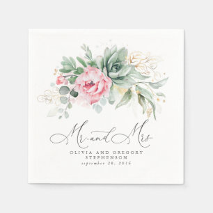 Serviette En Papier Succulents Verdure or et Fleurs roses Mariage
