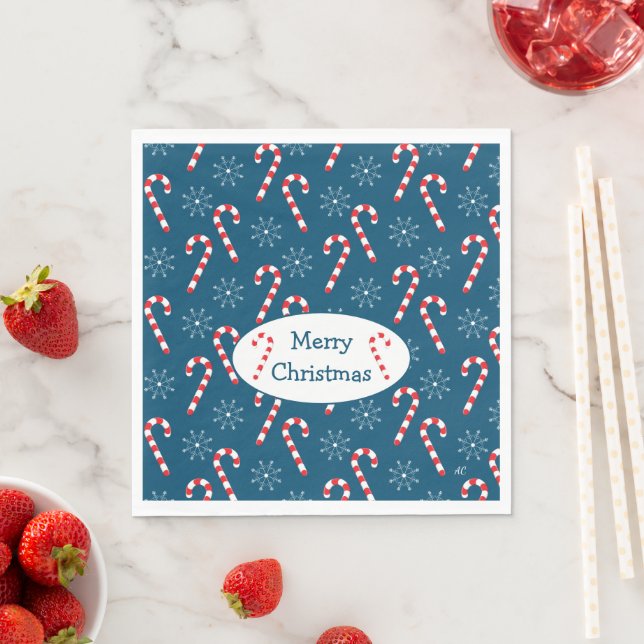Serviette En Papier Sucres de canne et flocons de neige Noël bleu (En situation)