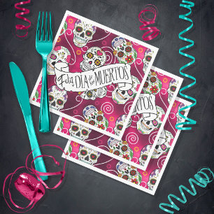 Serviette En Papier Sugar Skulls and Swirls Rose Red ID725