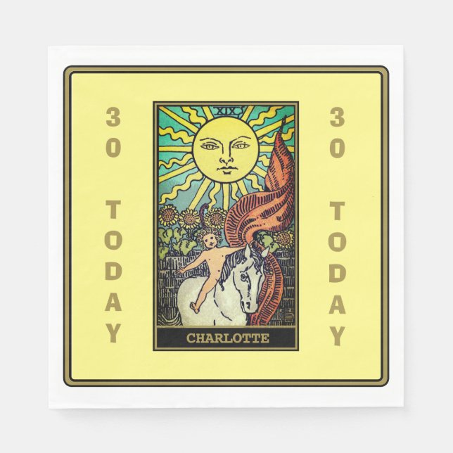 Serviette En Papier Sun Tarot Card Jaune Anniversaire Nom de la fête (Devant)