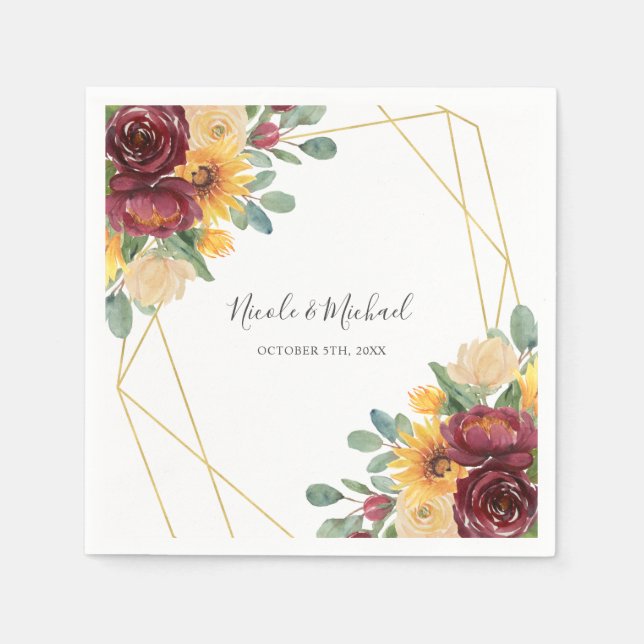 Serviette En Papier Sunflower Bourgogne Floral Or Mariage géométrique (Devant)