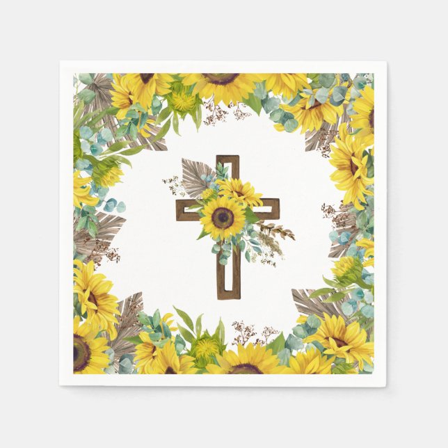 Serviette En Papier Sunflower Eucalyptus Palm Boho Cross Baptism (Devant)