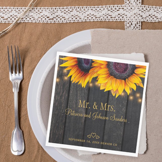 Serviette En Papier Sunflowers bois m. et mme mariage d'écriture or (Créateur téléchargé)