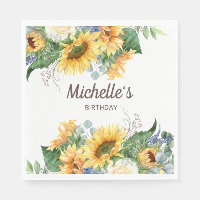 Serviette En Papier Sunflowers Eucalyptus Anniversaire Nom de la fête  (Devant)