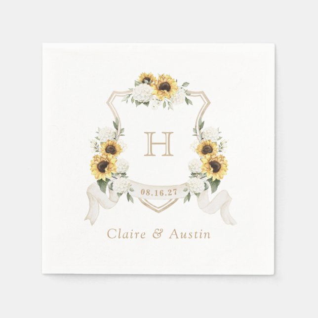 Serviette En Papier Sunflowers Hydrangea Crest Mariage Monogramme (Devant)
