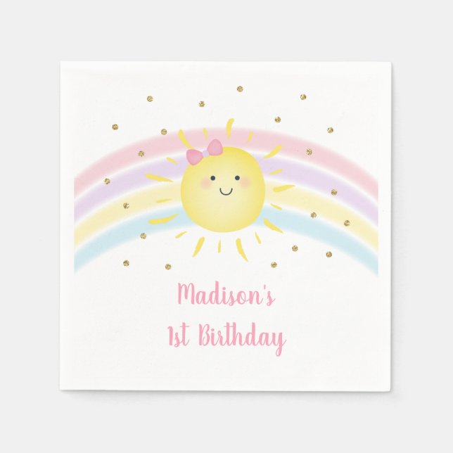 Serviette En Papier Sunshine Arc-en-ciel rose or Pastel Anniversaire (Devant)