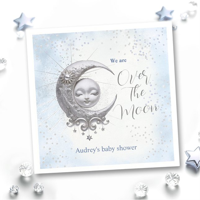 Serviette En Papier Sur le Baby shower Lune Bleu Garçon serviettes (Over The Moon Blue Boy Baby Shower Napkins)