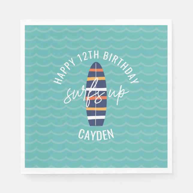 Serviette En Papier Surfs Up surboard et vagues Anniversaire (Devant)
