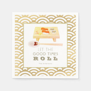 Serviette En Papier Sushi Roll Blanc x Gold Wave Motif Papier Napkins