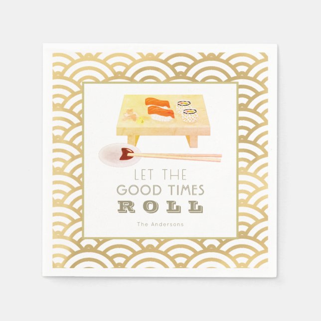 Serviette En Papier Sushi Roll Blanc x Gold Wave Motif Papier Napkins (Devant)