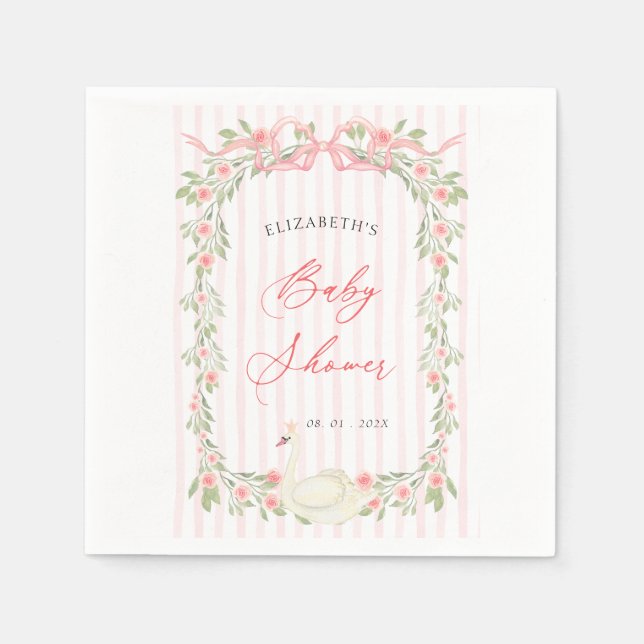 Serviette En Papier Swan Pink Bow Floral Baby Shower (Devant)