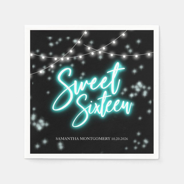 Serviette En Papier Sweet 16 Anniversaire Turquoise Neon Glow Dark Par (Devant)