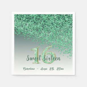 Serviette En Papier Sweet 16 Chute Parties scintillant verte et Monogr