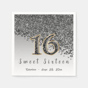 Serviette En Papier Sweet 16 Falling Black Parties scintillant & Monog