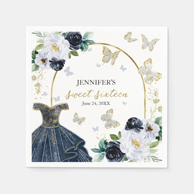 Serviette En Papier Sweet 16 Floral Navy bleu robe papillon (Devant)