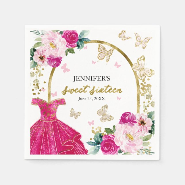 Serviette En Papier Sweet 16 Floral Robe Rose Chaud Papillon (Devant)