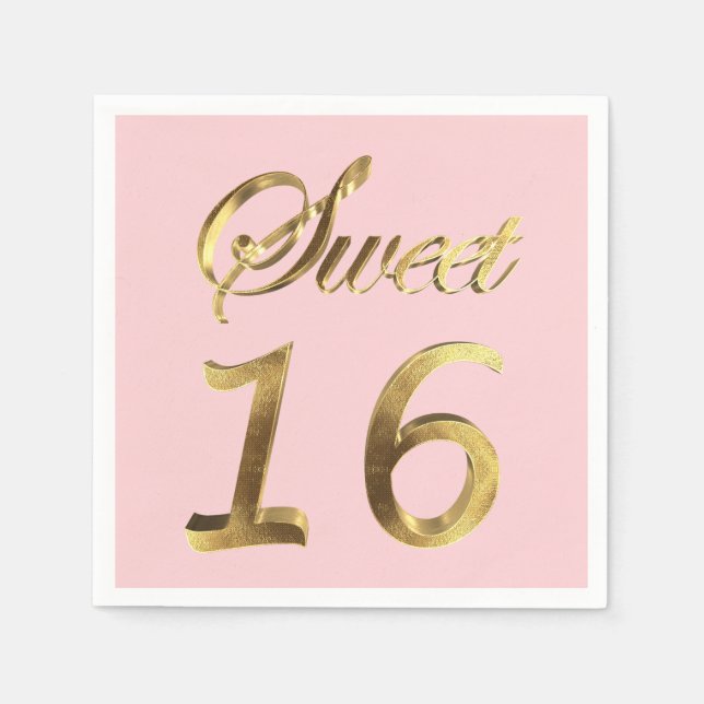 Serviette En Papier Sweet 16 Gold Look Typographie rose Élégant (Devant)