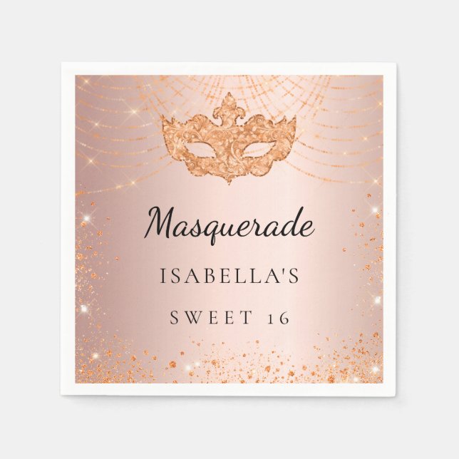 Serviette En Papier Sweet 16 Masquerade rose or scintille fête (Devant)