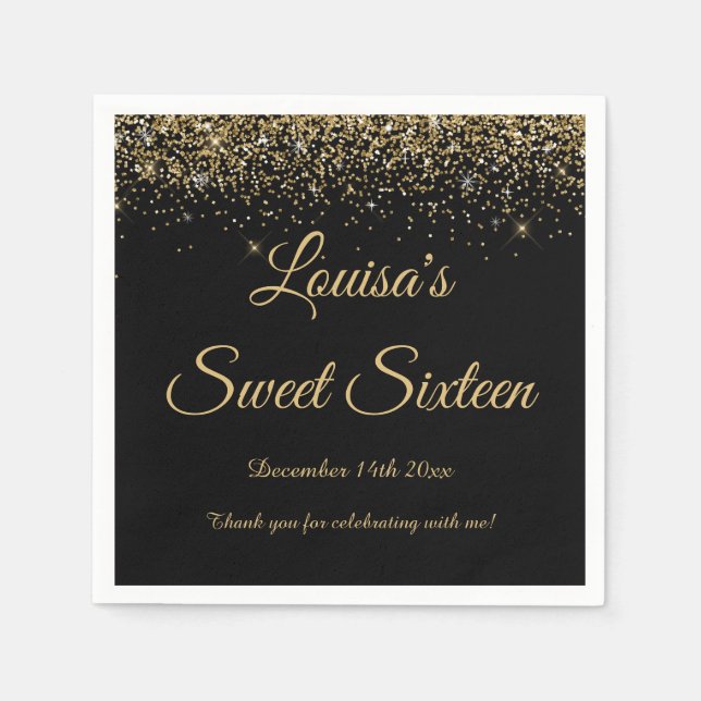 Serviette En Papier Sweet 16 Napkin Black & Gold Party Décorations (Devant)