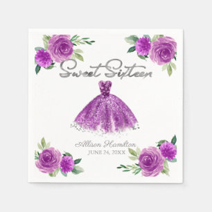 Serviette En Papier Sweet 16 Napkins Argent Purple Gown Floral
