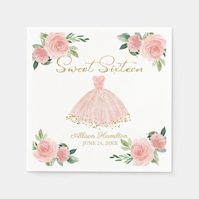 Serviette En Papier Sweet 16 Napkins Blush Gown rose Floral (Devant)