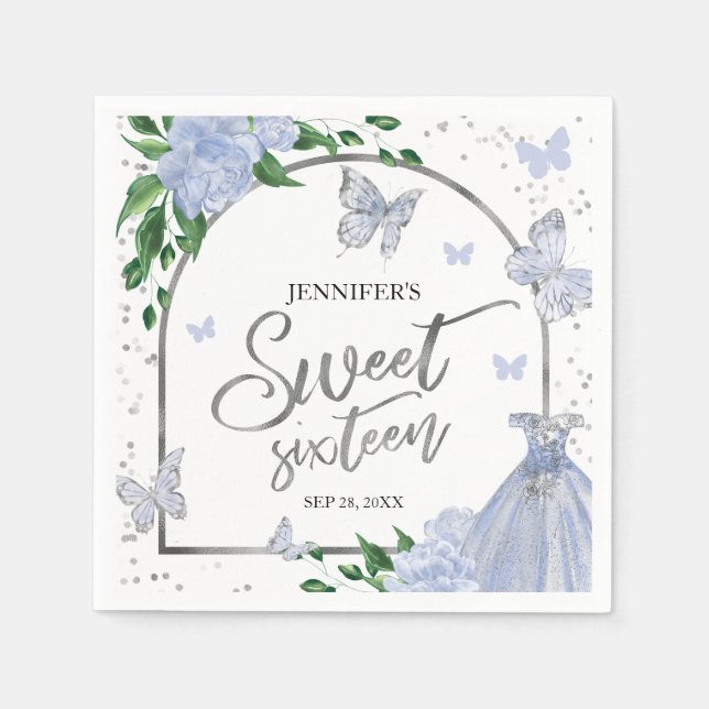 Serviette En Papier Sweet 16 Papillons Dusty Blue Blush Gown (Devant)
