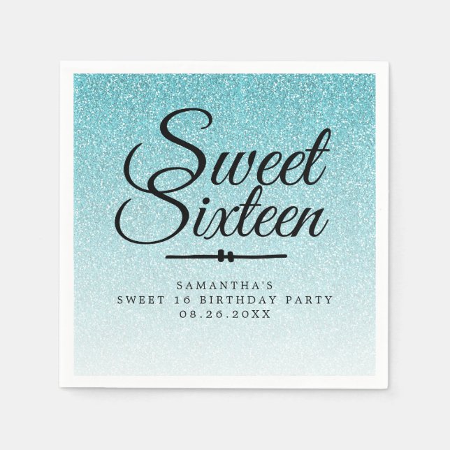 Serviette En Papier Sweet 16 Parties scintillant Bleue Ombre Personnal (Devant)
