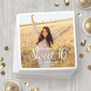 Serviette En Papier Sweet 16 Party Chic Design Script & Photo Moderne