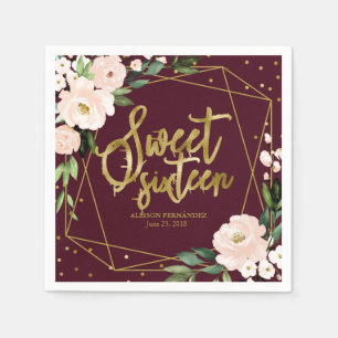 Serviette En Papier Sweet 16 Party Gold Foil Blush Floral Bourgogne