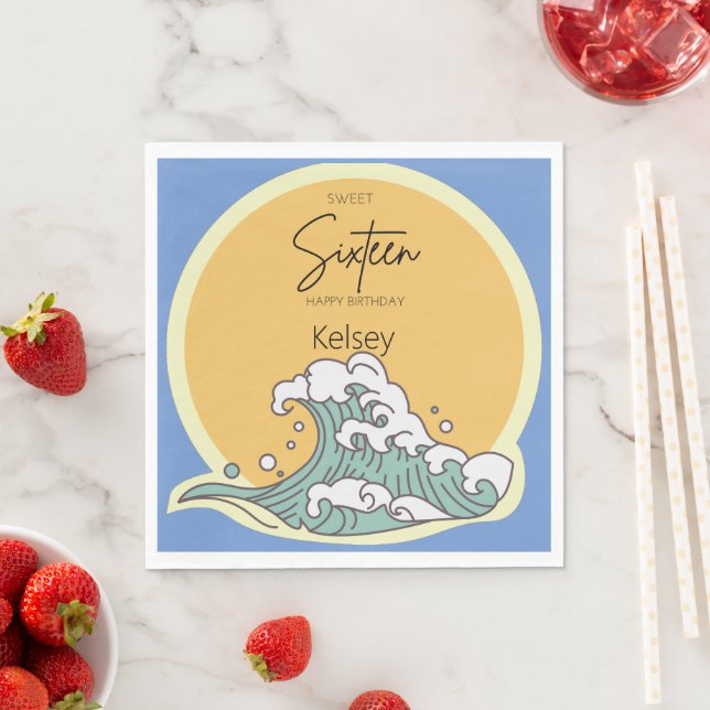 Serviette En Papier Sweet 16 Wave and Sun Monogram - Nom (En situation)